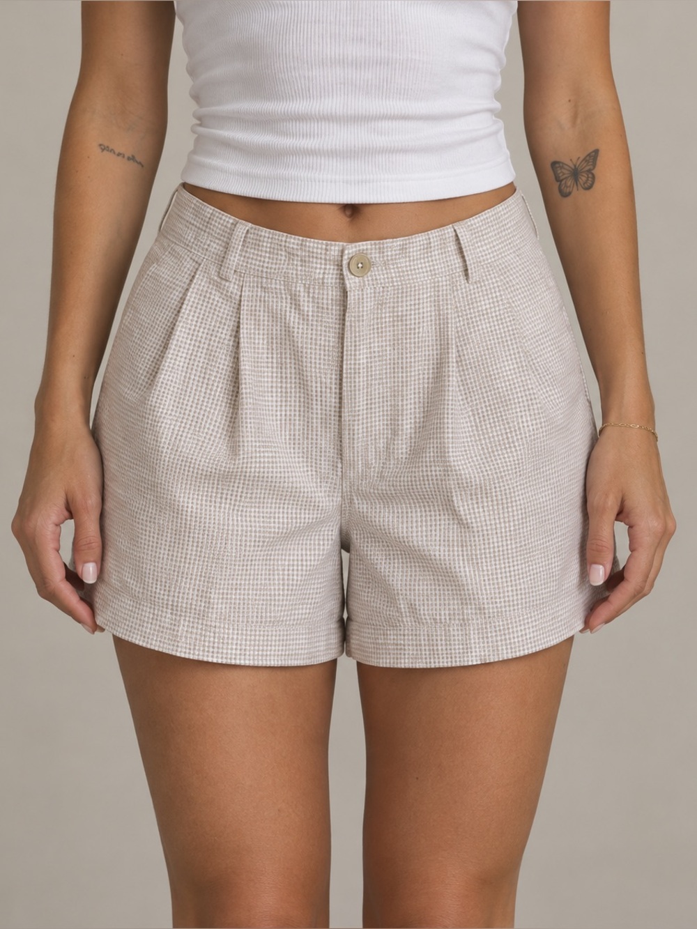 Vintage Petite Gingham Plaid High Waisted Bermuda Shorts Liz Claiborne Beige Y2K